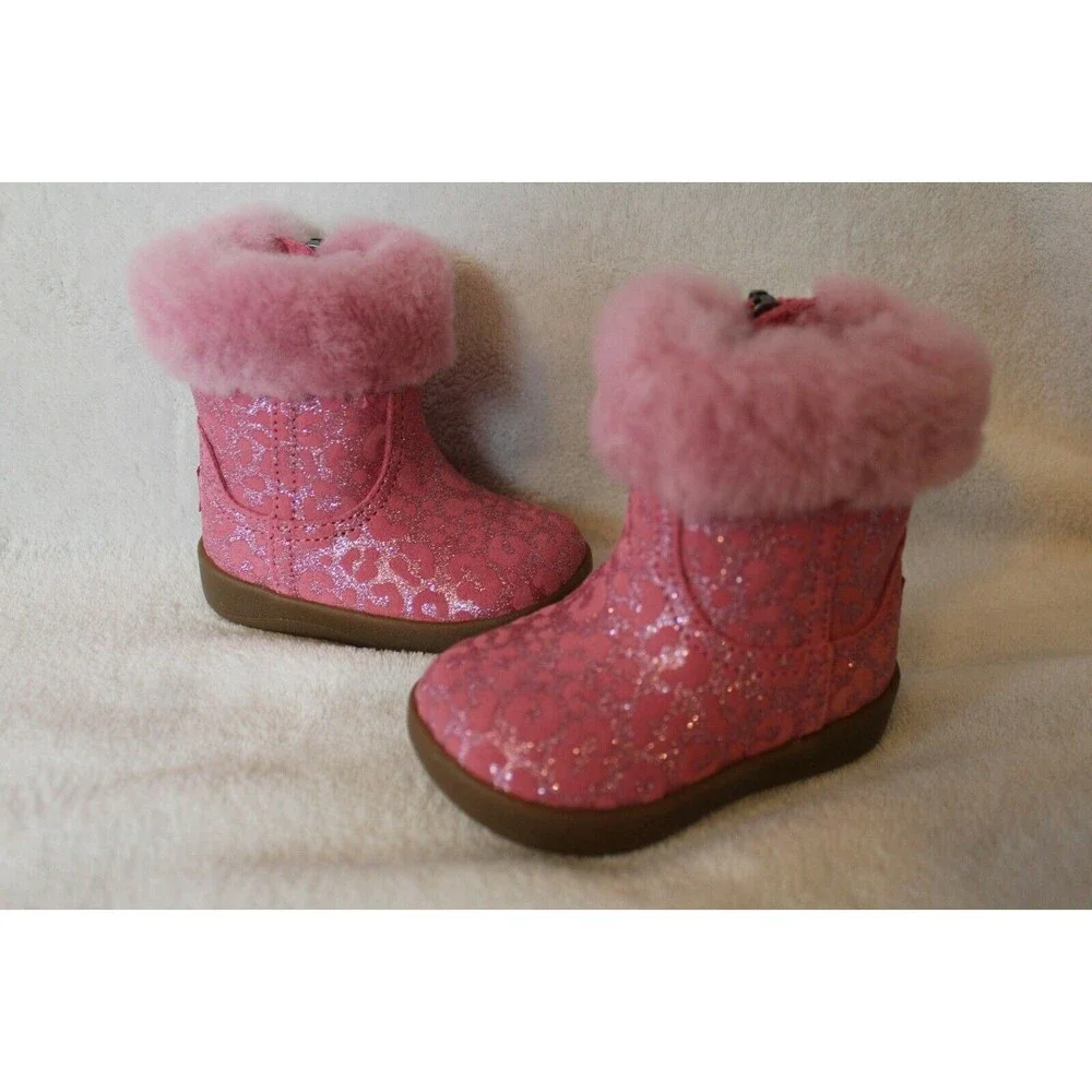 NIB UGG Girls Infant Metallic Pink‎ Leopard Shearling Boots Booties 2/3